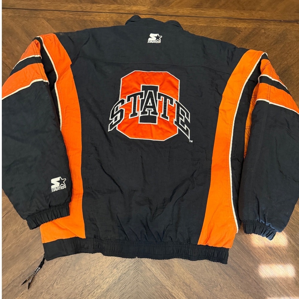 Vintage Oklahoma State Cowboys Starter Puffer Jacket XL Black Orange Pouch